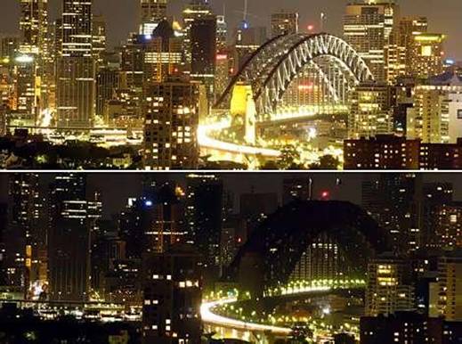 Hitting the switch: Sydney's lights shine with their usual brightness last night before the scheduled Earth Hour (above) and are dimmed between 7.30pm and 8.30pm (below) as lights were turned off to reduce electricity consumption and greenhouse gas emissions.